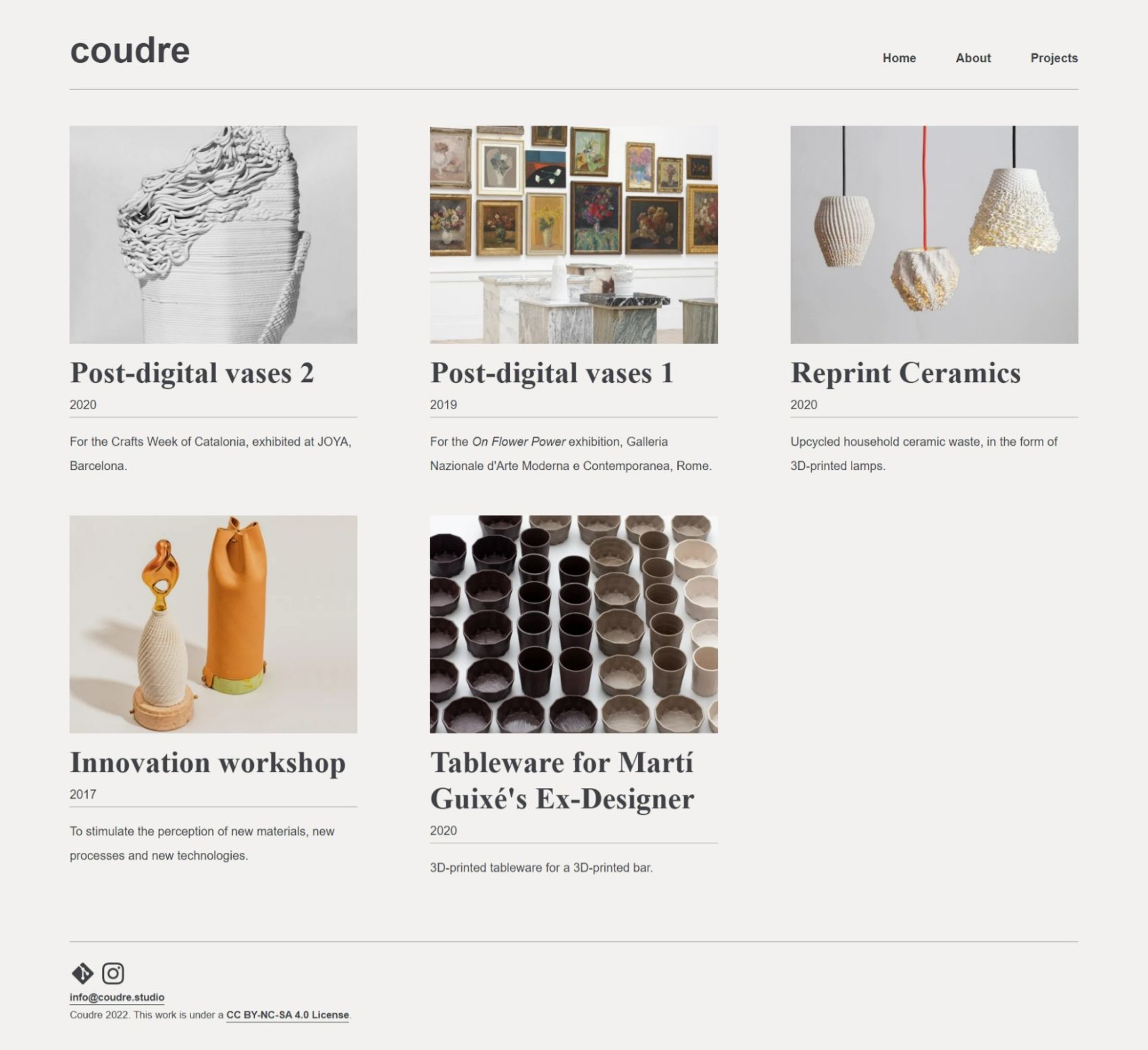 Screenshot of the Coudre Studio website projects page. The project cards are ordered in a grid-like fashion.