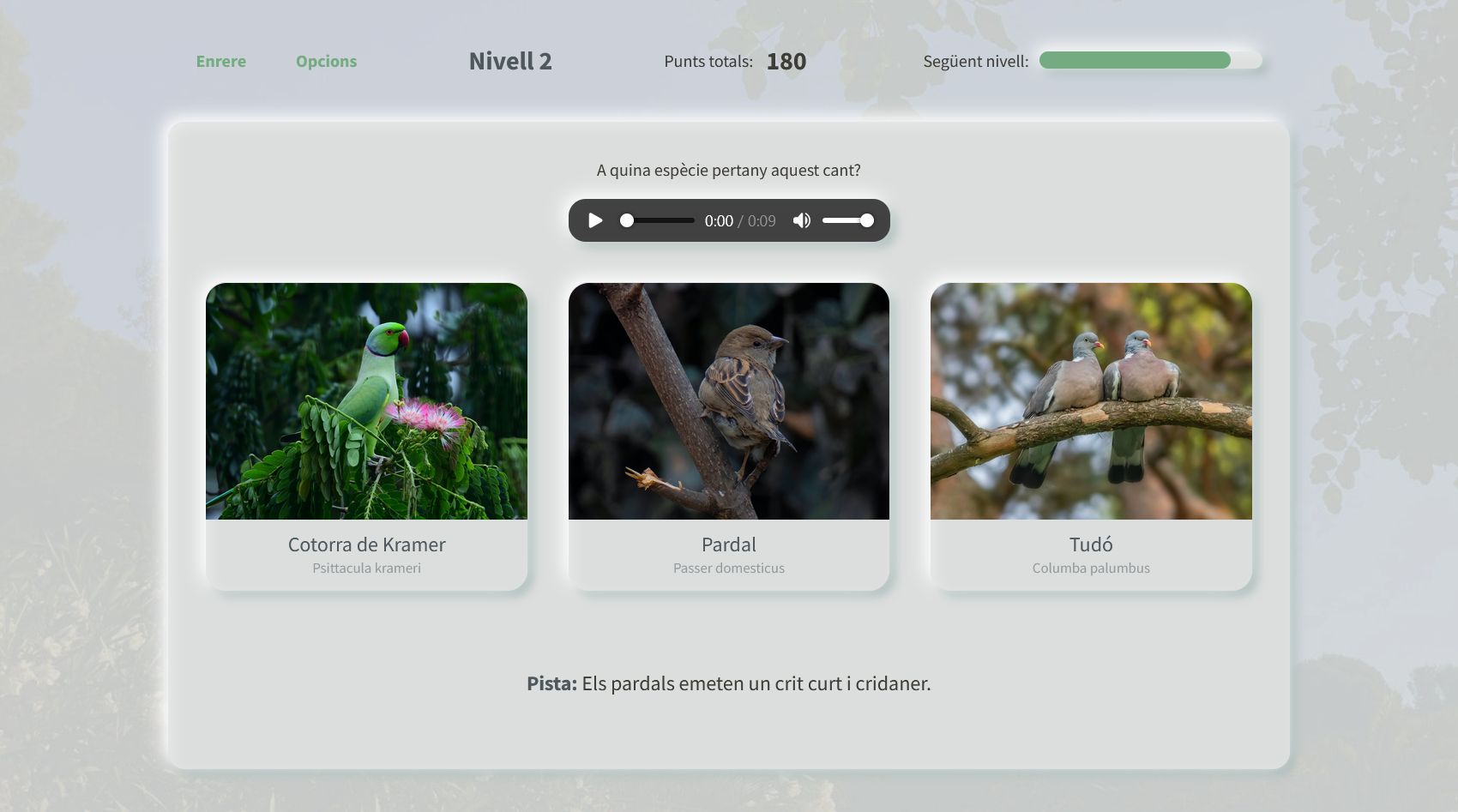 Screenshot of the Orniteco game screen, showing the quiz options for three different birds accompanied by their pictures.