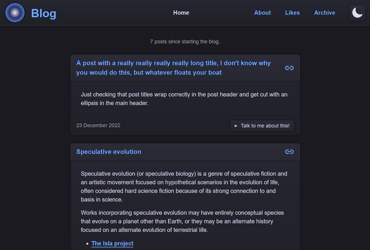 Screenshot of a dark-themed blog, with a column of posts at the center. The posts and header are subtly shaded and appear card-like.